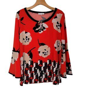 CALVIN KLEIN Floral Blouse‎ Colorful Bright  Print Bell Sleeve Sz Medium NWOT